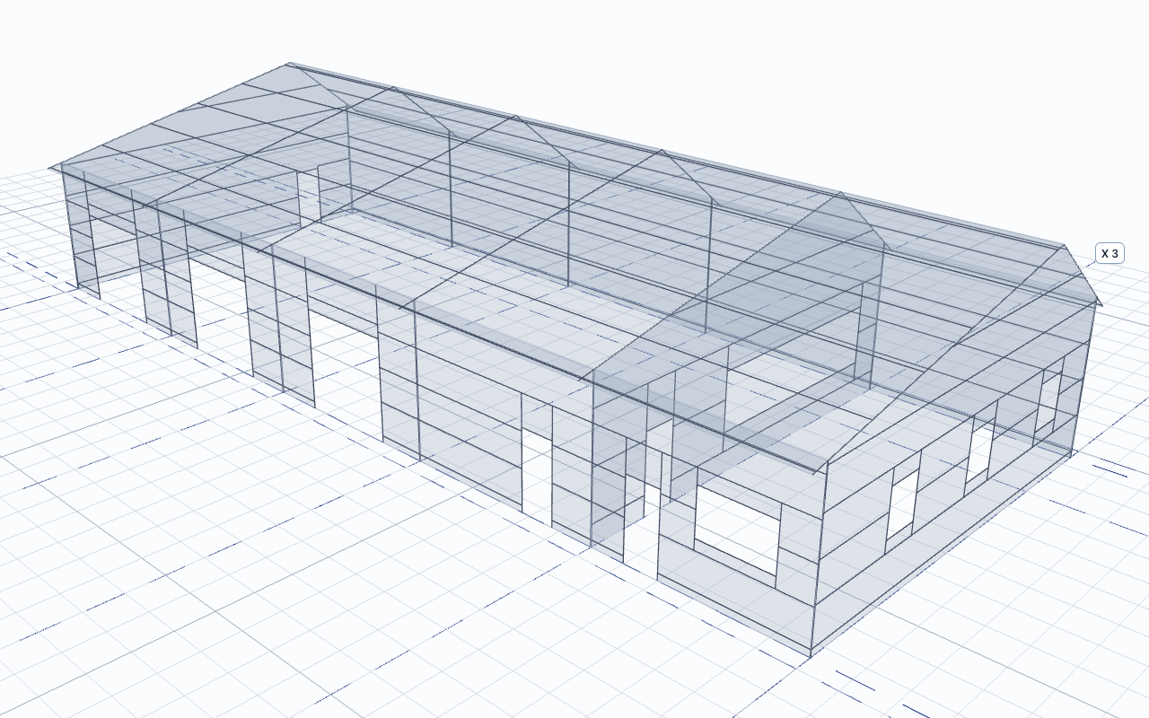 Capture · Modeleur 3D. Portique 2 pentes, appentis, lisses de bardage et porte sectionnelle, modélisé en moins de 6 minutes